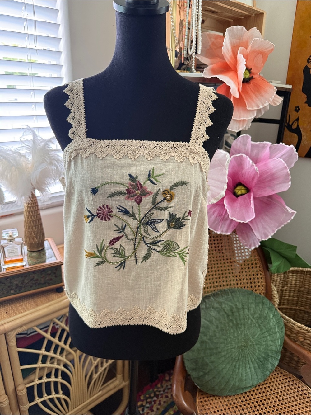 Jennifer & Grace Natural Beige Lace Floral Embroidered Boho Hippie Cottage Tank